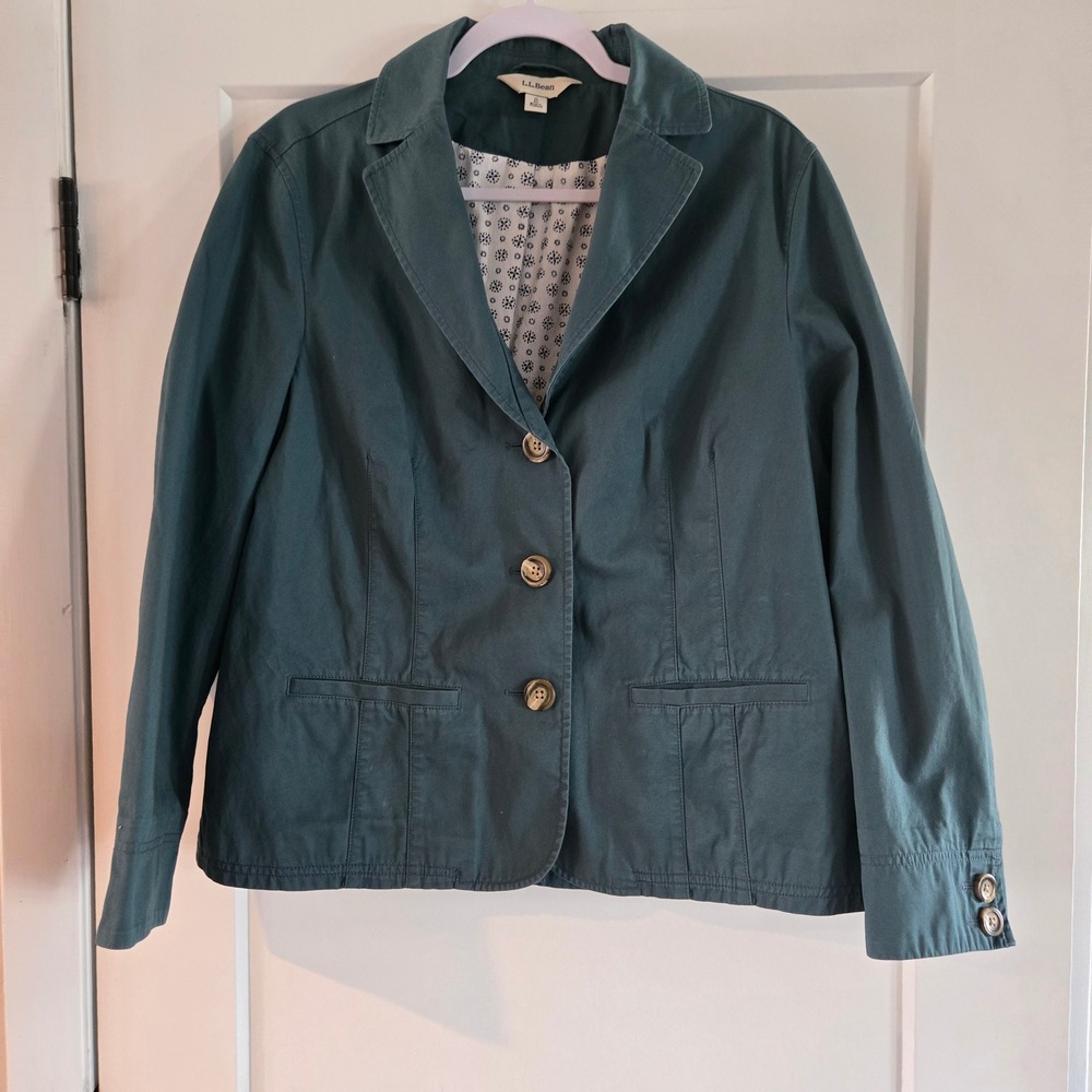 LL Bean Blazer Womens 16 Teal Cotton Twill 3-Button Jacket Office Professional - Picture 3 of 9
